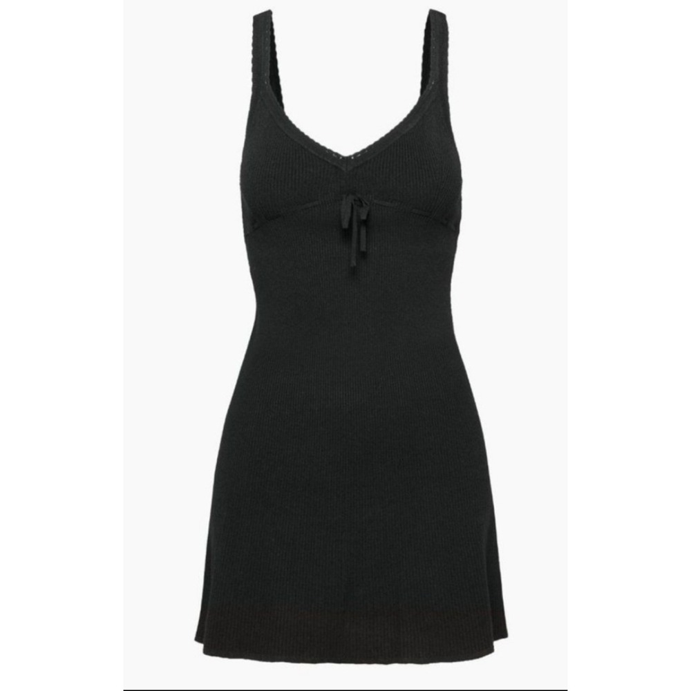 Aritzia Wilfred Black Ribbed V-Neck Mini Dress with Bow Detail Size S